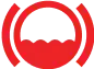 A red circle with a black hat in the center, resembling a stylized tomato with a stem or leaf on top.