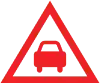 A red triangular warning sign with a red car symbol inside, indicating a general warning or caution related to vehicles or road safety.