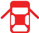 Red, minimalist icon of a classic rotary dial telephone, viewed from the front, with a handset resting on top.
