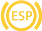 A yellow symbol with the letters ESP in the center, surrounded by two dashed arcs, resembling a warning indicator light commonly seen on a car dashboard.