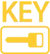 Yellow and gray graphic showing the word KEY above a stylized keyboard or card shape with black horizontal bars.
