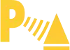 Yellow capital letter P next to a yellow triangle, with diagonal yellow lines connecting them, all set against a black background.