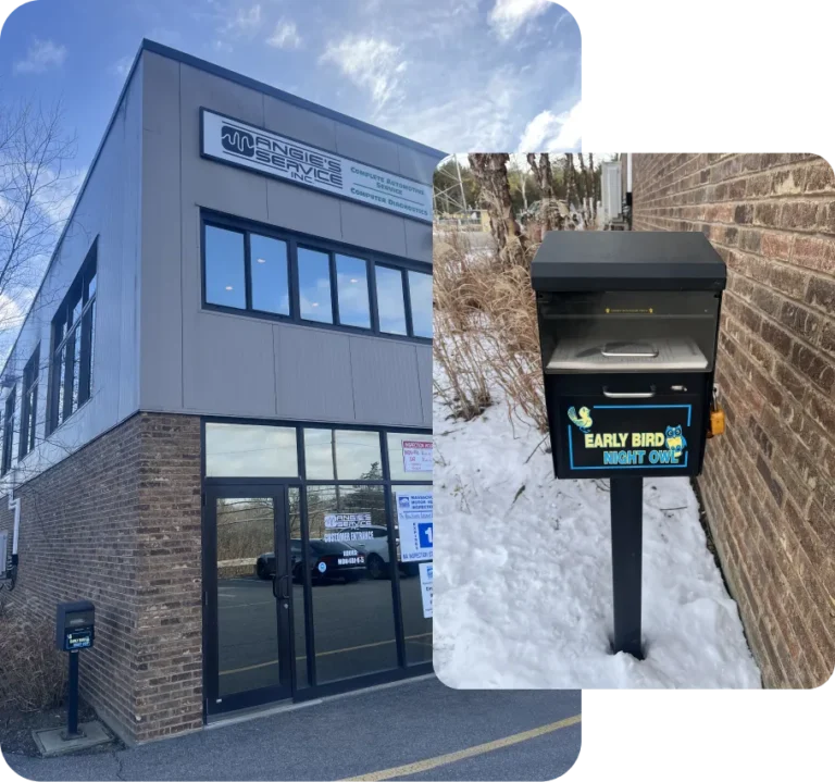 Two images: a brick office building with a sign reading Engies Service and a parking lot, and a close-up of a black drop box labeled Early Bird or Night Owl? surrounded by snow.