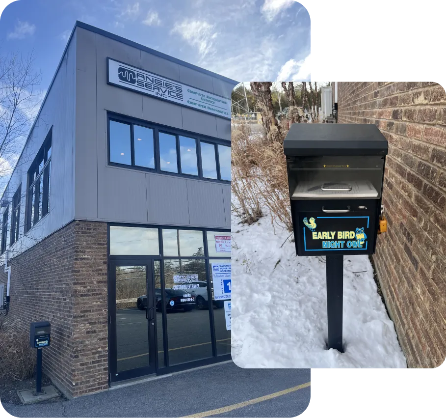 Two images: a brick office building with a sign reading Engies Service and a parking lot, and a close-up of a black drop box labeled Early Bird or Night Owl? surrounded by snow.