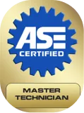 A blue gear-shaped badge with ASE CERTIFIED in white, above a gold rectangle that reads MASTER TECHNICIAN in black capital letters.