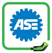 Blue gear with ASE letters inside, surrounded by a green outlined square. A black and green electric charger plug appears at the bottom right corner of the square.