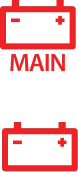 Red outlined icons of two car batteries, one labeled MAIN in red text between them, with plus and minus signs indicating terminals. The top battery is above the text, and the bottom battery is below the text.