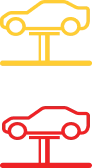 Two simplified car icons are shown. The top car is outlined in yellow, and the bottom car is outlined in red. Each car appears elevated on a platform, resembling a car lift in a garage.