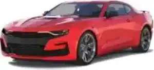 A red sports car with sleek lines and black accents, viewed from the front side angle, against a white background.