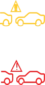 Pixel art of a yellow car and a red car facing each other, separated by a black space. Both cars have triangular shapes above them, resembling hazard or warning symbols.