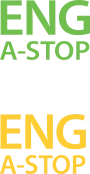 The image shows the text ENG A-STOP written twice, once in green and once in yellow, on a gray background. The green text is at the top, the yellow text is at the bottom, and a black rectangle separates them.