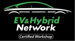 Logo with a green car outline above the words EV & Hybrid Network, Certified Workshop, and the phrases Servicing | Diagnostics | Repairs on a black background.