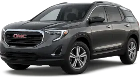 A dark gray GMC SUV is shown from the front left angle, featuring a prominent grille, LED headlights, alloy wheels, and silver roof rails.