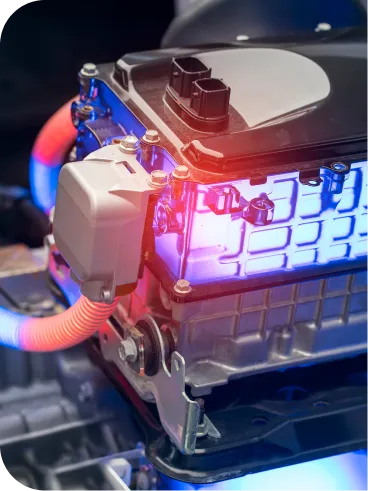 Close-up of an electric vehicle battery pack with connected orange power cables and illuminated blue and red lighting, highlighting metallic and plastic components.