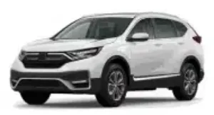 A white, modern Honda CR-V SUV is shown from a front-side angle, parked on a plain white background.