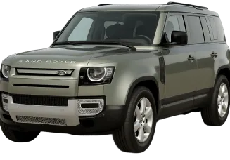A green Land Rover Defender SUV is shown from the front-side angle, featuring a boxy design, signature grille, large headlights, and alloy wheels.