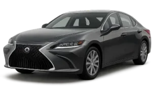A dark gray Lexus ES sedan is viewed from the front left angle, showcasing its distinctive spindle grille, sleek headlights, and modern, aerodynamic design.