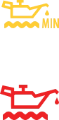 A yellow oil can icon above a wavy line and a red icon of a car with a battery symbol below, both on a black background, representing dashboard warning lights.