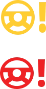 Two symbols: a yellow steering wheel next to a yellow exclamation mark on top, and a red steering wheel next to a red exclamation mark on the bottom, representing car dashboard warning lights.