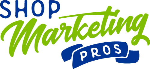 Logo with the words Shop Marketing Pros in a mix of blue and green script and bold fonts, featuring a swooping underline beneath Marketing Pros.