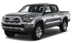 A silver Toyota Tacoma pickup truck with four doors, seen from the front-left angle, isolated on a transparent background.