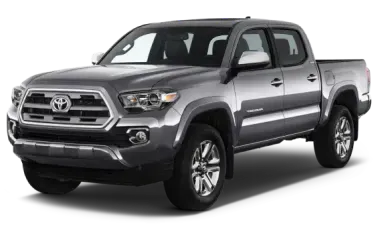 A silver Toyota Tacoma pickup truck with four doors, seen from the front-left angle, isolated on a transparent background.