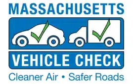 Logo for Massachusetts Vehicle Check showing a car and a truck with green checkmarks, and the text: Cleaner Air • Safer Roads.