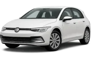 A white Volkswagen Golf hatchback car is parked facing left, shown from a front-side angle on a plain background.