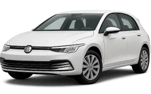 A white Volkswagen Golf hatchback car is parked facing left, shown from a front-side angle on a plain background.