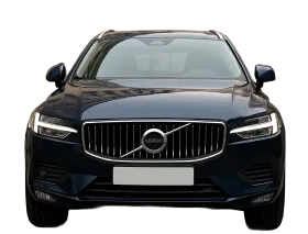 Front view of a dark-colored Volvo SUV displaying distinctive vertical grille bars, Volvo emblem in the center, sleek headlights, and a white license plate.