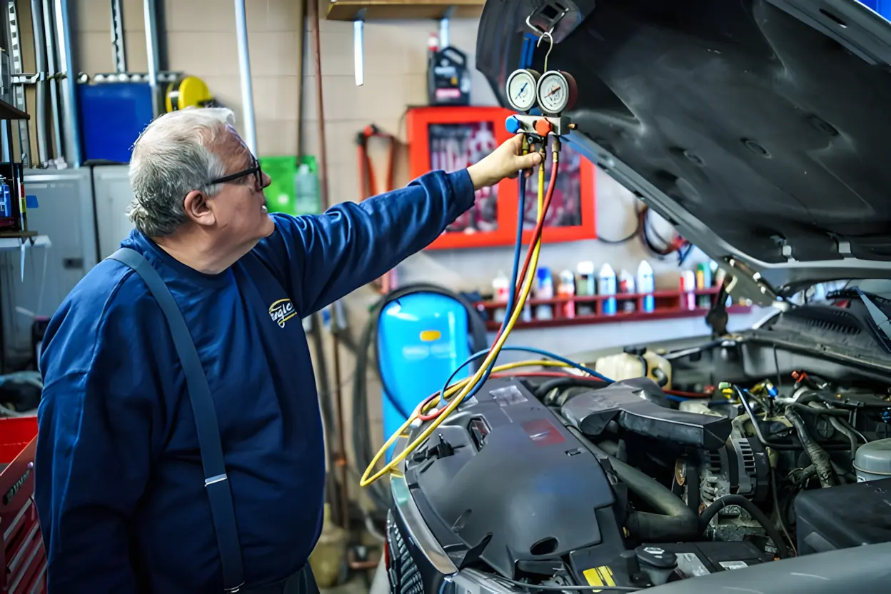 A/C repair service in a local auto shop. Technician using refrigerant gauges to diagnose a vehicle’s air conditioning system under the hood.