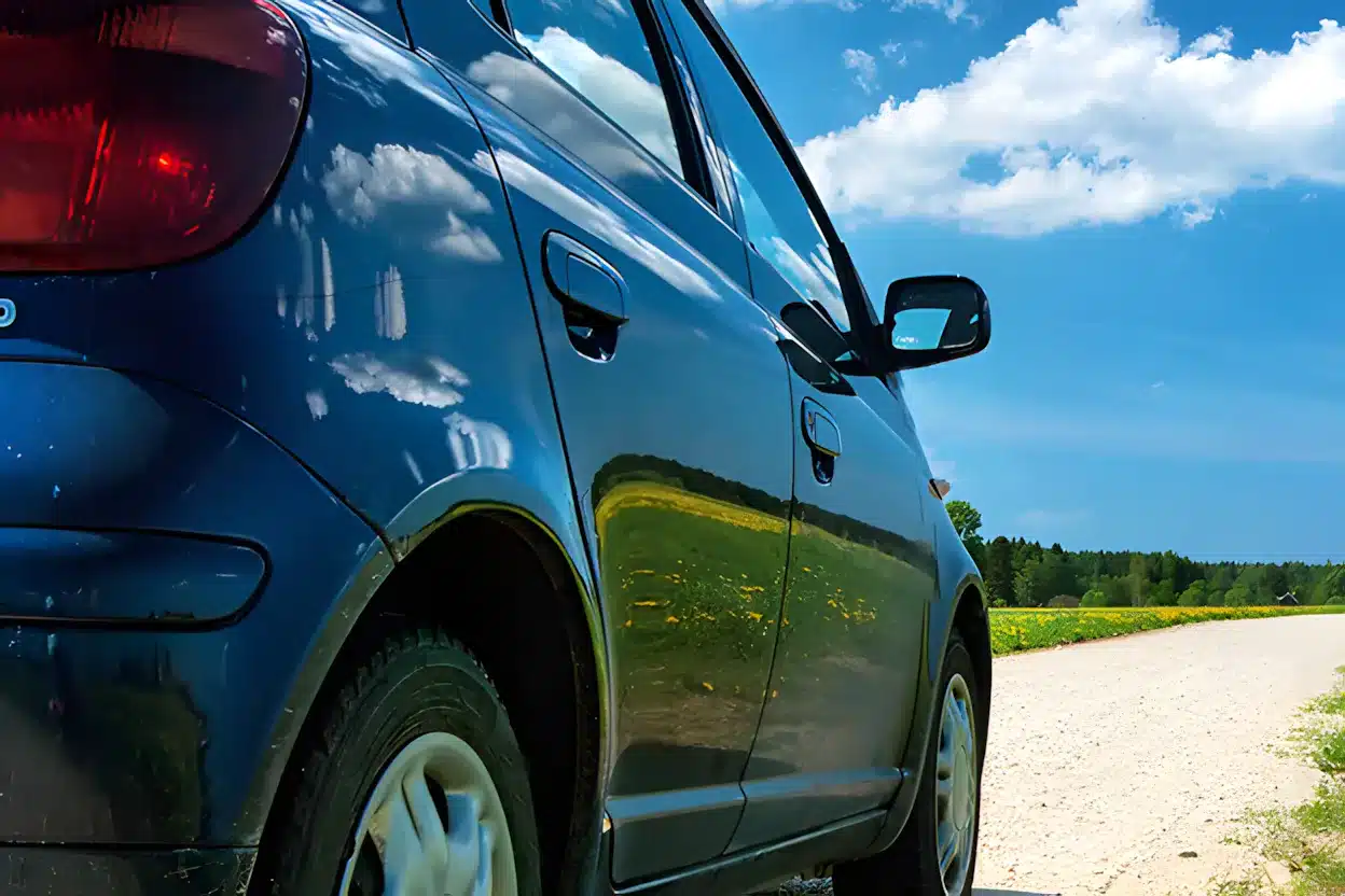 Image of a blue compact car on a gravel road under clear skies, reflecting nearby fields and clouds.
