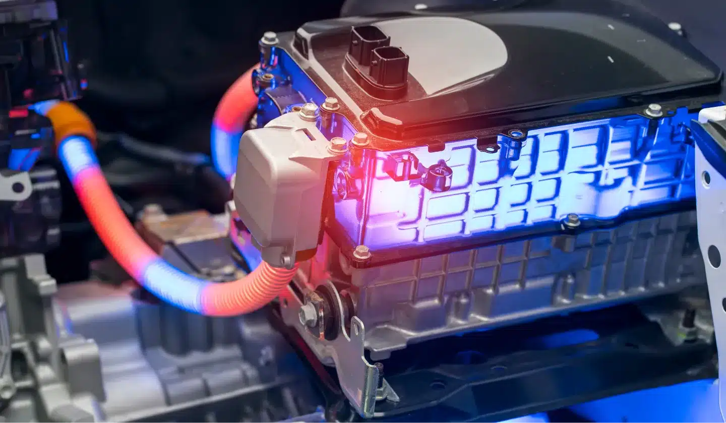 Close-up of an electric vehicle battery pack with connected orange cables, illuminated by blue and red lights, highlighting the technology and components inside the battery system.