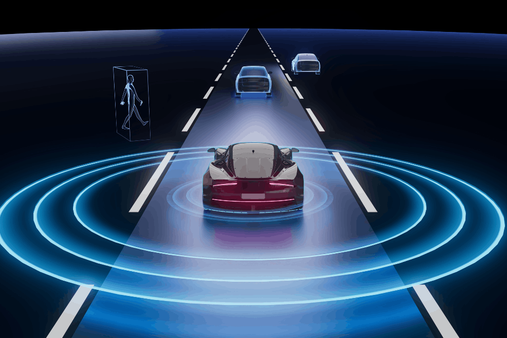 ADAS calibration, auto repair in Newbury, MA by Angie’s Service Inc. Image of a vehicle using advanced driver-assistance sensors detecting surrounding cars and pedestrians, emphasizing precise calibration, collision prevention, and enhanced driver safety.